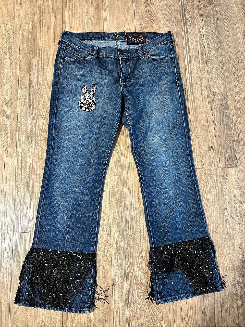 The Diva Women's Flare Jeans Blue & Black Embellished
